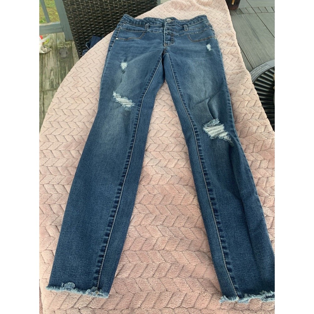 Refuge Women's Teens Straight Leg Distressed Button Zip Fly Jeans Denim Blue 2